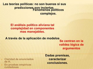 Las teorías políticas: no son buenas si sus
            predicciones son inciertas.
                         Fenómenos políticos
                               complejos.


         El análisis político aliviana tal
         complejidad en componentes
               mas manejables.

     A través de la aplicación de modelos
                                             Se centran en la
                                             validez lógica de
                                               argumentos

                                   Dadas premisas,
    Claridad de enunciados          caracterizar
     de H.
                                    conclusiones.
    En pruebas empíricas
     cuidadosas
 