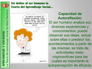 Así define al ser humano la
                         La Teoría del Aprendizaje Social de Albert Bandura   Teoría del Aprendizaje Social…

                                                                                                              Capacidad de
                                                                                                              Autoreflexión:
                                                                                                        El ser humano analiza sus
                                                                                                          diversas experiencias y
                                                                                                           conocimientos; puede
APRENDIZAJE Y SOCIEDAD




                                                                                                        observar sus ideas, actuar
                                                                                                         sobre ellas o predecir los
                                                                                                        acontecimientos a partir de
                                                                                                          las mismas; se trata de
                                                                                                             actividades meta-
                                                                                                           cognoscitivas para las
                                                                                                          cuales es importante la
                                                                                                        autopercepción de eficacia.
 
