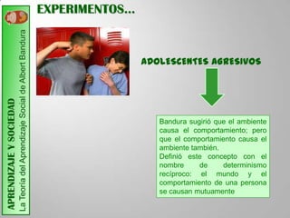 EXPERIMENTOS…
                         La Teoría del Aprendizaje Social de Albert Bandura



                                                                                              ADOLESCENTES AGRESIVOS
APRENDIZAJE Y SOCIEDAD




                                                                                                 Bandura sugirió que el ambiente
                                                                                                 causa el comportamiento; pero
                                                                                                 que el comportamiento causa el
                                                                                                 ambiente también.
                                                                                                 Definió este concepto con el
                                                                                                 nombre     de     determinismo
                                                                                                 recíproco: el mundo y el
                                                                                                 comportamiento de una persona
                                                                                                 se causan mutuamente
 