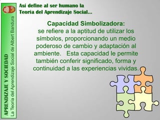 Así define al ser humano la
                         La Teoría del Aprendizaje Social de Albert Bandura   Teoría del Aprendizaje Social…

                                                                                        Capacidad Simbolizadora:
                                                                                     se refiere a la aptitud de utilizar los
                                                                                    símbolos, proporcionando un medio
                                                                                    poderoso de cambio y adaptación al
                                                                                   ambiente. Esta capacidad le permite
APRENDIZAJE Y SOCIEDAD




                                                                                    también conferir significado, forma y
                                                                                   continuidad a las experiencias vividas.
 