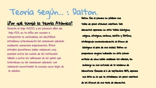 Teoría según… : Dalton.
¿Por qué surgió la teoría Atómica?
Durante el siglo XVIII y los primeros años del
siglo XIX, en su afán por conocer e
interpretar la naturaleza, los científicos
estudiaron intensamente las reacciones químicas
mediante numerosos experimentos. Estos
estudios permitieron hallar relaciones muy
precisas entre las masas de las sustancias
sólidas o entre los volúmenes de los gases que
intervienen en las reacciones químicas. Las
relaciones encontradas se conocen como leyes de
la química.
Dalton fue el primero en publicar una
tabla de pesos atómicos relativos. Seis
elementos aparecen en esta tabla: hidrógeno,
oxígeno, nitrógeno, carbono, azufre y fósforo,
atribuyendo convencionalmente al átomo de
hidrógeno el peso de una unidad. Dalton no
proporciona ninguna indicación en este primer
artículo de cómo había realizado sus cálculos, sin
embargo en una entrada de su cuaderno de
laboratorio fechada el 6 de septiembre 1803, aparece
una lista en la que se establecen los pesos relativos
de los átomos de una serie de elementos.
 