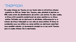 THOMSON.
El modelo atómico de Thomson es una teoría sobre la estructura atómica
propuesta en 1904 por Joseph John Thomson, quien descubrió el electrón en
1898, mucho antes del descubrimiento del protón y del neutrón. En dicho modelo,
el átomo está compuesto porelectrones de carga negativa en un átomo
positivo. Postulaba que los electrones se distribuían uniformemente en el
interior del átomo suspendidos en una nube de carga positiva. El átomo se
consideraba como una esfera con carga positiva con electrones repartidos
como pequeños gránulos. La herramienta principal con la que contó Thomson
para su modelo atómico fue la electricidad.
 