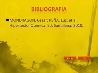 MONDRAGON, Cesar; PEÑA, Luz; et al.
Hipertexto. Quimica. Ed. Santillana. 2010.
inicio Fin
 