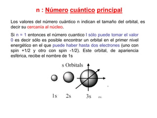 n : Número cuántico principal
Los valores del número cuántico n indican el tamaño del orbital, es
decir su cercanía al núc...