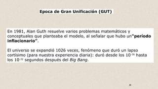 25
Epoca de Gran Unificación (GUT)
En 1981, Alan Guth resuelve varios problemas matemáticos y
conceptuales que planteaba el modelo, al señalar que hubo un“período
inflacionario”.
El universo se expandió 1026 veces, fenómeno que duró un lapso
cortísimo (para nuestra experiencia diaria): duró desde los 10-36
hasta
los 10-32
segundos después del Big Bang.
 
