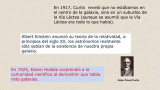 En 1925, Edwin Hubble sorprendió a la
comunidad científica al demostrar que había
más galaxias.
En 1917, Curtis reveló que no estábamos en
el centro de la galaxia, sino en un suburbio de
la Vía Láctea (aunque se asumió que la Vía
Láctea era todo lo que había).
Heber Doust Curtis
Albert Einstein anunció su teoría de la relatividad, a
principios del siglo XX, los astrónomos realmente
sólo sabían de la existencia de nuestra propia
galaxia.
 