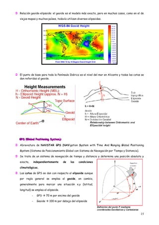  Relación geoide-elipsoide: el geoide es el modelo más exacto, pero en muchos casos, como en el de
   viejos mapas y muchos países, todavía utilizan diversos elipsoides.




 El punto de base para toda la Península Ibérica es el nivel del mar en Alicante y todas las cotas se
   dan referidas al geoide.




   GPS ((Gllloballl Posiiitiiioniiing System)):
   GPS (G oba Pos t on ng System):
   GPS       oba Pos t on ng System :

 Abreviatura de NAVSTAR GPS (NAVigation System with Time And Ranging Global Positioning
   System (Sistema de Posicionamiento Global con Sistema de Navegación por Tiempo y Distancia).

 Se trata de un sistema de navegación de tiempo y distancia y determina una posición absoluta y
   exacta,         independientemente             de   las   condiciones

   climatológicas.

 Las cotas de GPS se dan con respecto al elipsoide aunque
   por regla general se emplea el geoide, en cambio,

   generalmente para marcar una situación x,y (latitud,

   longitud) se emplea el elipsoide.

               -     GPS  70 m por encima del geoide

               -     Geoide  100 m por debajo del elipsoide



                                                                                                   15
 