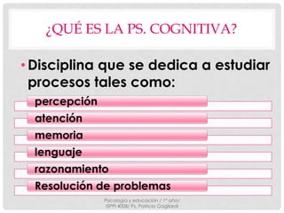 ¿QUÉ ES LA PS. COGNITIVA?

• Disciplina que se dedica a estudiar
  procesos tales como:
  percepción
  atención
  memoria
  lenguaje
  razonamiento
  Resolución de problemas
               Psicología y educación / 1° año/
                ISPPI 4008/ Ps. Patricia Gagliardi
 