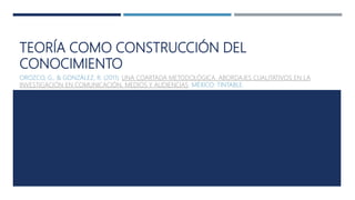 TEORÍA COMO CONSTRUCCIÓN DEL
CONOCIMIENTO
OROZCO, G., & GONZÁLEZ, R. (2011). UNA COARTADA METODOLÓGICA. ABORDAJES CUALITATIVOS EN LA
INVESTIGACIÓN EN COMUNICACIÓN, MEDIOS Y AUDIENCIAS. MÉXICO: TINTABLE.
 
