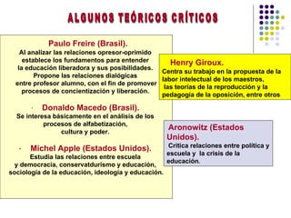    Paulo Freire (Brasil).   Al analizar las relaciones opresor-oprimido  establece los fundamentos para entender  la educación liberadora y sus posibilidades.  Propone las relaciones dialógicas  entre profesor alumno, con el fin de promover procesos de concientización y liberación.    ·      Donaldo Macedo (Brasil).   Se interesa básicamente en el análisis de los  procesos de alfabetización,  cultura y poder.    ·       Michel Apple (Estados Unidos).   Estudia las relaciones entre escuela  y democracia, conservatdurismo y educación,  sociología de la educación, ideología y educación.           Henry Giroux.   Centra su trabajo en la propuesta de la  labor intelectual de los maestros, las teorías de la reproducción y la  pedagogía de la oposición, entre otros Aronowitz (Estados Unidos). Critica relaciones entre política y escuela y  la crisis de la educación .   ALGUNOS TEÓRICOS CRÍTICOS 