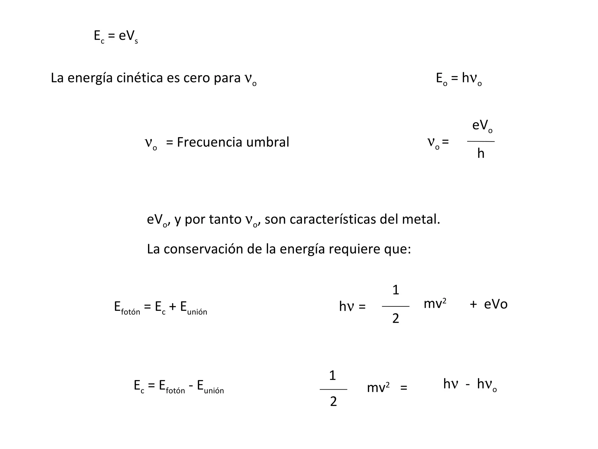 E o  = h  o E c  = eV s  o  =  eV o h eV o , y por tanto   o , son características del metal. La conservación de la energía requiere que:  h    =  mv 2 2 1 E fotón  = E c  + E unión E c  = E fotón  - E unión La energía cinética es cero para   o mv 2   =  h    -  h  o 2 1  o   = Frecuencia umbral +  eVo 