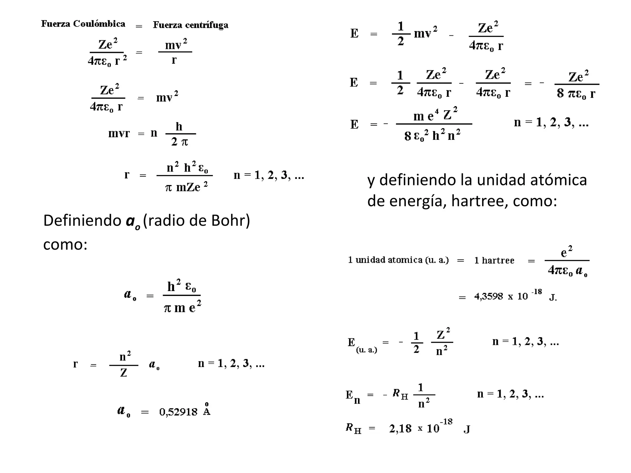 Definiendo  a o   (radio de Bohr)   como: y definiendo la unidad at ó mica  de energ í a, hartree, como: 