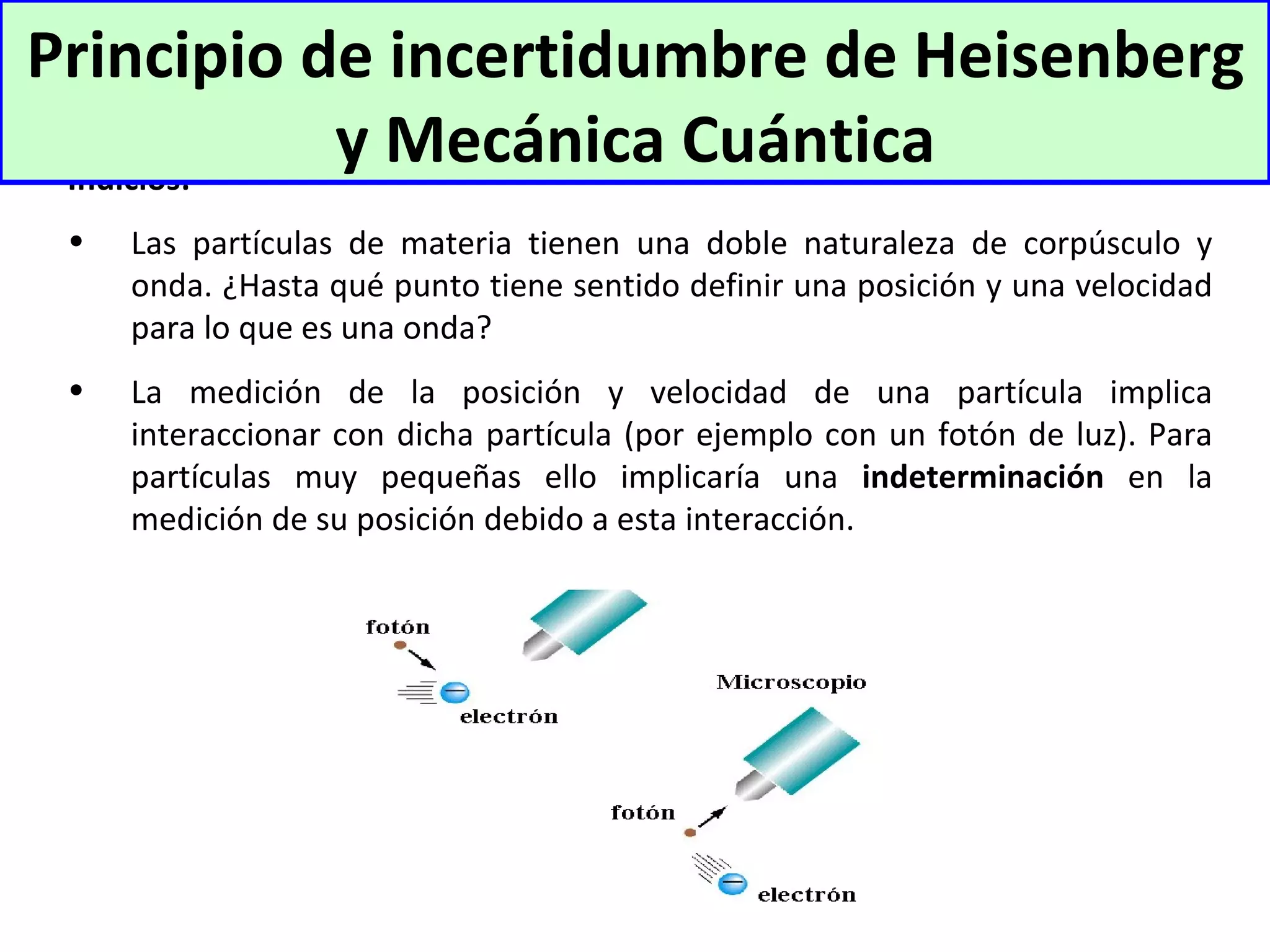 Indicios: Las partículas de materia tienen una doble naturaleza de   corpúsculo y onda. ¿Hasta qué punto tiene sentido definir una   posición y una velocidad para lo que es una onda?   La medición de la posición y velocidad de una partícula implica   interaccionar con dicha partícula (por ejemplo con un fotón de   luz). Para partículas muy pequeñas ello implicaría una   i ndeterminación  en la medición de su posición  debido a esta interacción. Principio de incertidumbre de Heisenberg y   Mecánica Cuántica 