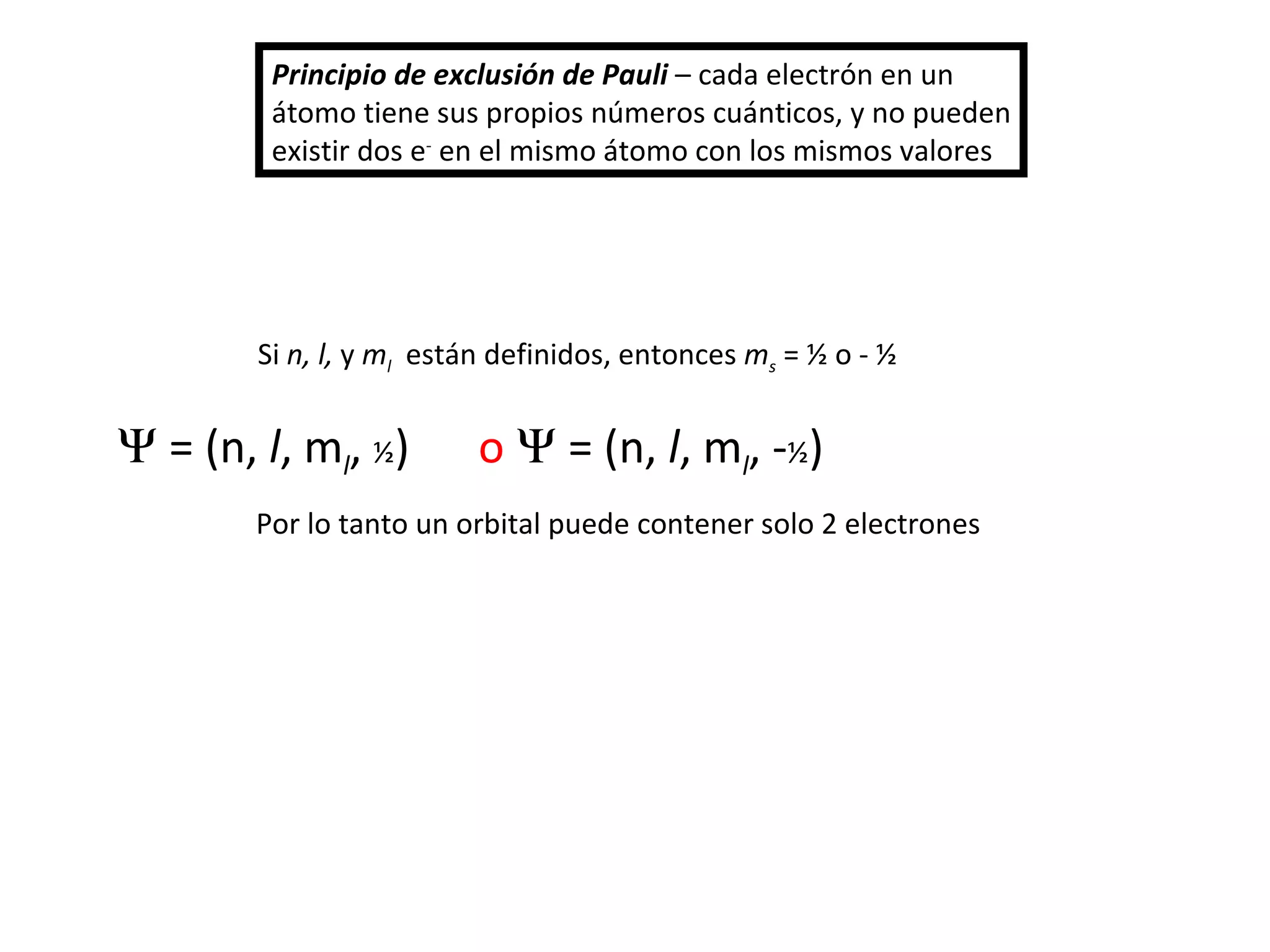 Principio de exclusión de Pauli  – cada electrón en un  átomo tiene sus propios números cuánticos, y no pueden existir dos e -  en el mismo átomo con los mismos valores Si  n, l,  y  m l   están definidos, entonces  m s  =  ½ o - ½  = (n,  l , m l ,  ½ ) o  = (n,  l , m l , - ½ ) Por lo tanto un orbital puede contener solo 2 electrones 