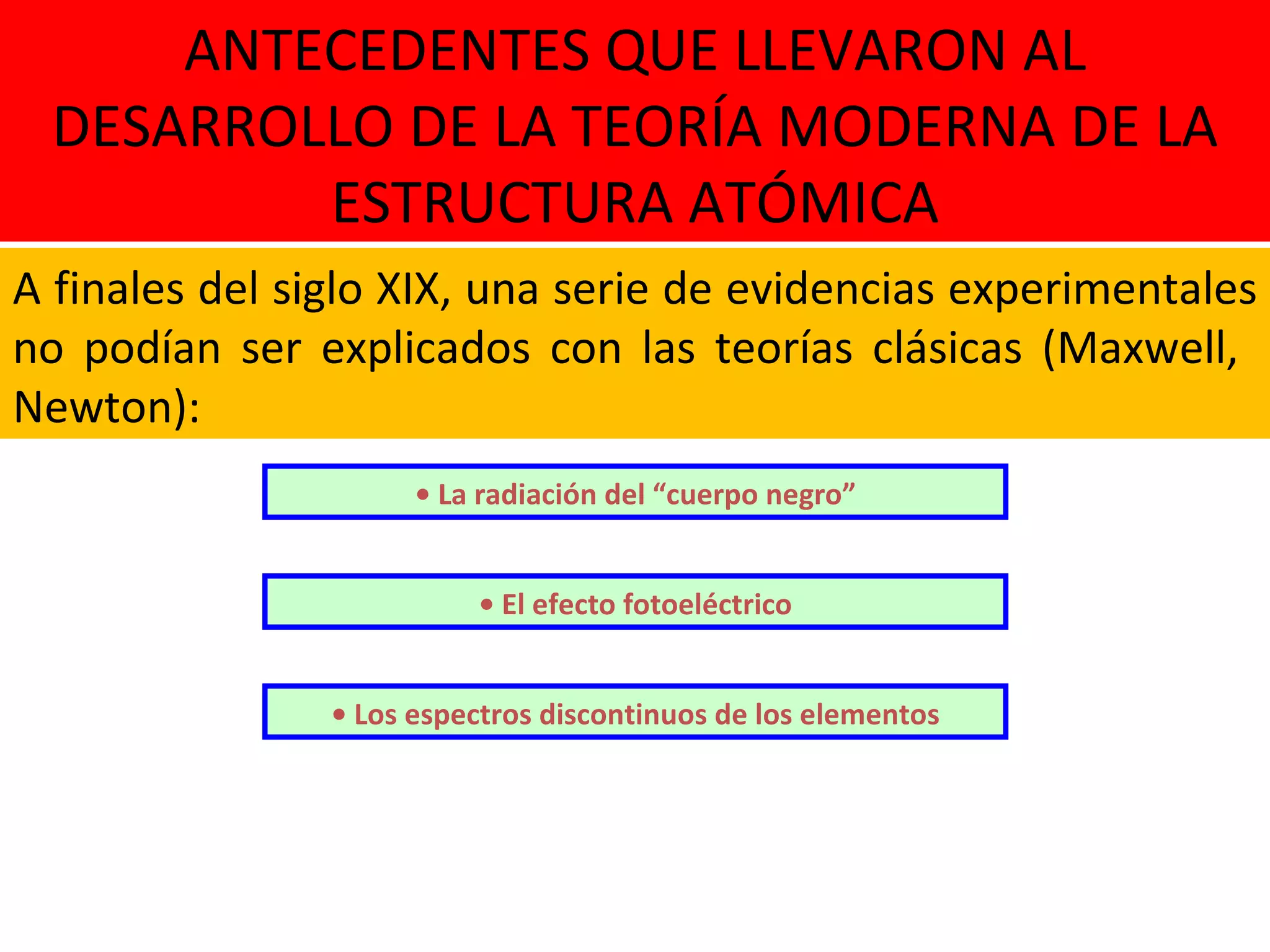 ANTECEDENTES  QUE LLEVARON AL DESARROLLO DE LA TEOR Í A MODERNA DE LA ESTRUCTURA AT Ó MICA •  Los espectros discontinuos de los elementos A finales del siglo XIX, una serie de   evidencias   experimentales no   podían ser explicados con las teorías clásicas   (Maxwell,  Newton): •  La radiación del “cuerpo negro” •  El efecto fotoeléctrico 