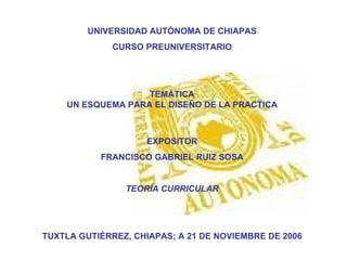 UNIVERSIDAD AUTÓNOMA DE CHIAPAS CURSO PREUNIVERSITARIO TEMÁTICA UN ESQUEMA PARA EL DISEÑO DE LA PRACTICA EXPOSITOR FRANCISCO GABRIEL RUIZ SOSA TEORÍA CURRICULAR TUXTLA GUTIÉRREZ, CHIAPAS; A 21 DE NOVIEMBRE DE 2006 