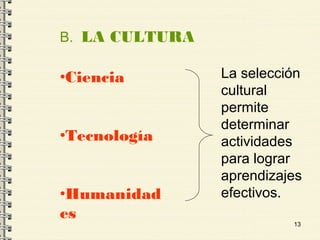 13
B. LA CULTURA
•Ciencia
•Tecnología
•Humanidad
es
La selección
cultural
permite
determinar
actividades
para lograr
aprendizajes
efectivos.
 