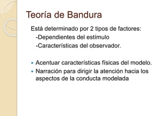 Teoría de Bandura
Está determinado por 2 tipos de factores:
-Dependientes del estímulo
-Características del observador.
 Acentuar características físicas del modelo.
 Narración para dirigir la atención hacia los
aspectos de la conducta modelada
 
