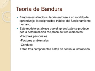 Teoría de Bandura
 Bandura estableció su teoría en base a un modelo de
aprendizaje: la reciprocidad triádica del funcionamiento
humano.
 Este modelo establece que el aprendizaje se produce
por la determinación reciproca de tres elementos:
-Factores personales
-Factores ambientales
-Conducta
Estos tres componentes están en continua interacción.
 