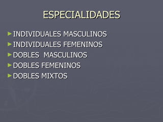 ESPECIALIDADES INDIVIDUALES MASCULINOS INDIVIDUALES FEMENINOS DOBLES  MASCULINOS DOBLES FEMENINOS DOBLES MIXTOS 