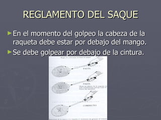 REGLAMENTO DEL SAQUE En el momento del golpeo la cabeza de la raqueta debe estar por debajo del mango. Se debe golpear por debajo de la cintura. 