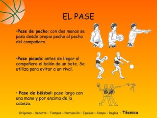 Orígenes - Deporte – Tiempos – Puntuación – Equipos – Campo – Reglas – Técnica
EL PASE
•Pase de pecho: con dos manos se
pasa desde propio pecho al pecho
del compañero.
•Pase picado: antes de llegar al
compañero el balón da un bote. Se
utiliza para evitar a un rival.
• Pase de béisbol: pase largo con
una mano y por encima de la
cabeza.
 