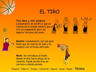 Orígenes - Deporte – Tiempos – Puntuación – Equipos – Campo – Reglas – Técnica
EL TIRO
Tiro libre y tiro estático:
Lanzamiento en estático que se
realiza de la misma manera que el
tiro en suspensión pero sin
separar los pies del suelo.
Gancho: Lanzamiento con una sola
mano que se realiza de lado a la
canasta con el brazo estirado.
Mate: Se introduce el balón
desde arriba hacia abajo en la
canasta. Puede producirse en
carrera o desde parado.
 