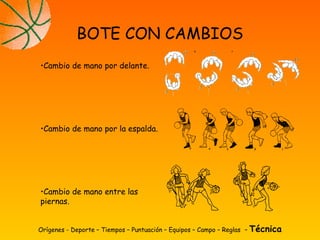 Orígenes - Deporte – Tiempos – Puntuación – Equipos – Campo – Reglas – Técnica
BOTE CON CAMBIOS
•Cambio de mano por delante.
•Cambio de mano por la espalda.
•Cambio de mano entre las
piernas.
 