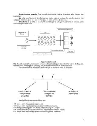 Mecanismo de servicio: Es el procedimiento por el cual se da servicio a los clientes que
lo solicitan
          La cola, es el conjunto de clientes que hacen espera, es decir los clientes que ya han
solicitado el servicio pero que aún no han pasado al mecanismo de servicio.
          El sistema de la cola: es el conjunto formado por la cola y el mecanismo de servicio, junto
con la disciplina de la cola.


                                                                  Mecanismo de Servicio

      Llegada de un                         Cola
         Cliente




          Fuente de
           Entrada
                                                      Disciplina de la Cola
                                                                                  Servicio

                                 Sistema de la Cola




                                         Notación de Kendall
D.G.Kendall desarrollo una notación ampliamente aceptada para especificar el patrón de llegadas,
la distribución del tiempo de servicio y el numero de canales en un modelo de colas
          Por convención los modelos que se trabajan en teoría de colas se etiquetan




                            ___/___/___

       Distribución de                     Distribución de                        Número de
       Tiempo entre                         Tiempos de                            Servidores
          Llegadas                            Servicio

        Las distribuciones que se utilizan son:

• M: tiempo entre llegadas es exponencial
• D: tiempo entre llegadas con patrón determinista o constante;
• Ek: tiempo entre llegadas con distribución de Erlang de k etapas;
• Hk tiempo entre llegadas con distribución hiperexponencial de k etapas;
• G: tiempo entre llegadas sigue una distribución general o arbitraria



                                                                                                   3
 