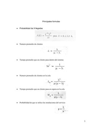 Principales formulas


Probabilidad de X llegadas




Numero promedio de clientes




Tiempo promedio que un cliente pasa dentro del sistema




Numero promedio de clientes en la cola




Tiempo promedio que un cliente pasa en espera en la cola




Probabilidad de que se utilice las instalaciones del servicio




                                                                5
 