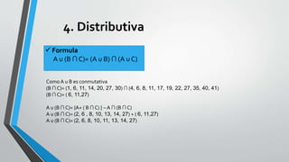 4. Distributiva 
 Formula 
A u (B ∩ C)= (A u B) ∩ (A u C) 
Como A u B es conmutativa 
(B ∩ C)= (1, 6, 11, 14, 20, 27, 30) ∩ (4, 6, 8, 11, 17, 19, 22, 27, 35, 40, 41) 
(B ∩ C)= ( 6, 11,27) 
A u (B ∩ C)= {A+ ( B ∩ C) } – A ∩ (B ∩ C) 
A u (B ∩ C)= (2, 6 , 8, 10, 13, 14, 27) + ( 6, 11,27) 
A u (B ∩ C)= (2, 6, 8, 10, 11, 13, 14, 27) 
 