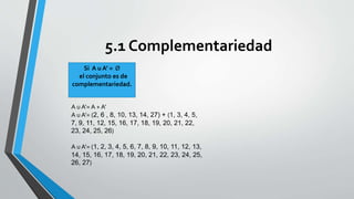 5.1 Complementariedad 
Si A u A’ = Ø 
el conjunto es de 
complementariedad. 
A u A’= A + A’ 
A u A’= (2, 6 , 8, 10, 13, 14, 27) + (1, 3, 4, 5, 
7, 9, 11, 12, 15, 16, 17, 18, 19, 20, 21, 22, 
23, 24, 25, 26) 
A u A’= (1, 2, 3, 4, 5, 6, 7, 8, 9, 10, 11, 12, 13, 
14, 15, 16, 17, 18, 19, 20, 21, 22, 23, 24, 25, 
26, 27) 
