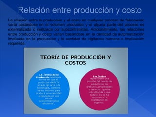 La relación entre la producción y el costo en cualquier proceso de fabricación
varía basándose en el volumen producido y si alguna parte del proceso es
externalizada o realizada por subcontratistas. Adicionalmente, las relaciones
entre producción y costo varían basándose en la cantidad de automatización
implicada en la producción y la cantidad de vigilancia humana e implicación
requerida.
 