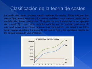 La teoría del costo contiene varias medidas de costos. Estas incluyen los
costos fijos de una empresa y los costos variables. La primera no varía con la
cantidad de bienes producidos. El alquiler de una instalación es un ejemplo
de un costo fijo. Los costos variables cambian con la cantidad producida. Si
una producción en aumento requiere más trabajadores, los salarios de éstos
serán costos variables. La suma de los costos fijos y los variables resulta en
los costos totales de una empresa.
 