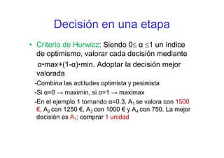 Decisión en una etapa
• Criterio de Hurwicz: Siendo 0 α 1 un índice
de optimismo, valorar cada decisión mediante
α•max+(1-α)•min. Adoptar la decisión mejor
valorada
-Combina las actitudes optimista y pesimista
-Si α=0 → maximin, si α=1 → maximax
-En el ejemplo 1 tomando α=0.3, A1 se valora con 1500
€, A2 con 1250 €, A3 con 1000 € y A4 con 750. La mejor
decisión es A1: comprar 1 unidad
 