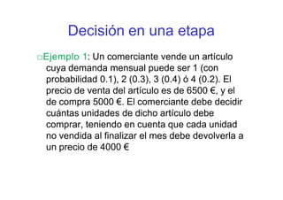 Decisión en una etapa
□Ejemplo 1: Un comerciante vende un artículo
cuya demanda mensual puede ser 1 (con
probabilidad 0.1), 2 (0.3), 3 (0.4) ó 4 (0.2). El
precio de venta del artículo es de 6500 €, y el
de compra 5000 €. El comerciante debe decidir
cuántas unidades de dicho artículo debe
comprar, teniendo en cuenta que cada unidad
no vendida al finalizar el mes debe devolverla a
un precio de 4000 €
 