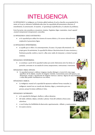 INTELIGENCIA
LA INTELIGENCIA La inteligencia es el término global mediante el cual se describe una propiedad de la
mente en la que se relacionan habilidades tales como las capacidades del pensamiento abstracto, el
entendimiento, la comunicación, el rasocinio , el aprendizaje, la planificación y la solución de problemas.
Entre las teorías más conocidas se encuentran: cinestica, lingüística, lógica matemática, visual- especial
,musical, interpersonal, intrapersonal y naturalista
LA INTELIGENCIA LOGICA MATEMATICA
 es la capacidad para utilizar los números de manera efectiva y de razonar adecuadamente
empleando el pensamiento lógico.
LA INTELIGENCIA INTRAPERSONAL
 es aquella que se refiere a la autocomprensión, el acceso a la propia vida emocional, a la
propia gama de sentimientos, la capacidad de efectuar discriminaciones de estas emociones y
finalmente ponerles nombre y recurrir a ellas como medio de interpretar y orientar la propia
conducta.
INTELIGENCIA INTERPERSONAL
 se constituye a partir de la capacidad nuclear para sentir distinciones entre los demás, en
particular, contrastes en sus estados de ánimo, temperamento, motivaciones e intenciones.
INTELIGENCIA VISUAL ESPACIAL
 la capacidad reconocer y elaborar imágenes visuales, distinguir a través de la vista rasgos
específicos de los objetos, creación de imágenes mentales, razonamiento acerca del espacio y sus
dimensiones, manejo y reproducción de imágenes internas o externas. Algunas de estas habilidades
o todas ellas pueden manifestarse en una misma.
INTELIGENCIA MUSICAL
 La inteligencia musical es la capacidad de expresarse mediante formas musicales, La
inteligencia musical crea un mundo más dinámico, alegre y constructivo para una
persona, porque la música sublimiza el alma.
INTELIGENCIA NATURALISTA
 es la capacidad de distinguir, clasificar y utilizar elementos
 del medio ambiente, objetos, animales o plantas. Tanto del ambiente urbano como
suburbano
 o rural. Incluye las habilidades de observación, experimentación, reflexión y cuestionamiento
 de nuestro entorno.
 