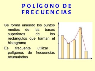POLÍGONO DE FRECUENCIAS Se forma uniendo los puntos medios de las bases superiores de los rectángulos que forman el histograma Es frecuente utilizar  polígonos de frecuencias acumuladas. 