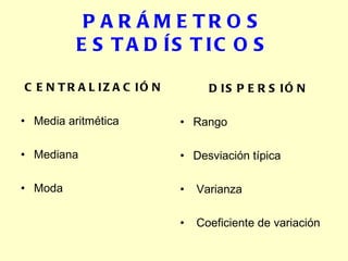 PARÁMETROS ESTADÍSTICOS CENTRALIZACIÓN Media aritmética Mediana Moda DISPERSIÓN Rango Desviación típica Varianza Coeficiente de variación 