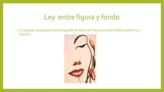 Ley entre figura y fondo
• Cualquier campo perceptual puede dividirse en figura contra fondo (sujeto-luz -
forma)
 