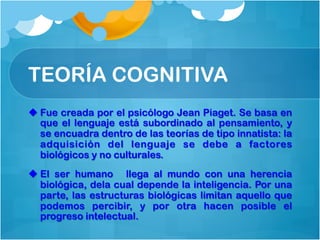 TEORÍA COGNITIVA
u Fue creada por el psicólogo Jean Piaget. Se basa en
que el lenguaje está subordinado al pensamiento, y
se encuadra dentro de las teorías de tipo innatista: la
adquisición del lenguaje se debe a factores
biológicos y no culturales.
u El ser humano llega al mundo con una herencia
biológica, dela cual depende la inteligencia. Por una
parte, las estructuras biológicas limitan aquello que
podemos percibir, y por otra hacen posible el
progreso intelectual.
 