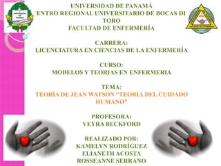 UNIVERSIDAD DE PANAMÁ
CENTRO REGIONAL UNIVERSITARIO DE BOCAS DEL
TORO
FACULTAD DE ENFERMERÍA
CARRERA:
LICENCIATURA EN CIENCIAS DE LA ENFERMERÍA
CURSO:
MODELOS Y TEORIAS EN ENFERMERIA
TEMA:
TEORÍA DE JEAN WATSON “TEORIA DEL CUIDADO
HUMANO”
PROFESORA:
VEYRA BECKFORD
REALIZADO POR:
KAMELYN RODRÍGUEZ
ELIANETH ACOSTA
ROSSEANNE SERRANO

 
