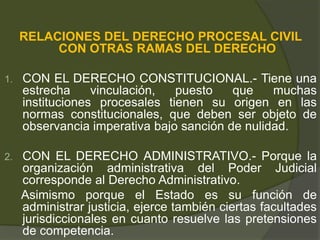 RELACIONES DEL DERECHO PROCESAL CIVIL
CON OTRAS RAMAS DEL DERECHO
1. CON EL DERECHO CONSTITUCIONAL.- Tiene una
estrecha vinculación, puesto que muchas
instituciones procesales tienen su origen en las
normas constitucionales, que deben ser objeto de
observancia imperativa bajo sanción de nulidad.
2. CON EL DERECHO ADMINISTRATIVO.- Porque la
organización administrativa del Poder Judicial
corresponde al Derecho Administrativo.
Asimismo porque el Estado es su función de
administrar justicia, ejerce también ciertas facultades
jurisdiccionales en cuanto resuelve las pretensiones
de competencia.
 