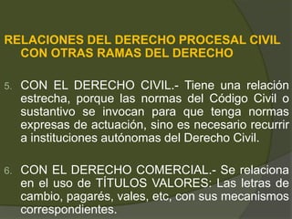 RELACIONES DEL DERECHO PROCESAL CIVIL
CON OTRAS RAMAS DEL DERECHO
5. CON EL DERECHO CIVIL.- Tiene una relación
estrecha, porque las normas del Código Civil o
sustantivo se invocan para que tenga normas
expresas de actuación, sino es necesario recurrir
a instituciones autónomas del Derecho Civil.
6. CON EL DERECHO COMERCIAL.- Se relaciona
en el uso de TÍTULOS VALORES: Las letras de
cambio, pagarés, vales, etc, con sus mecanismos
correspondientes.
 