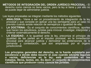 MÉTODOS DE INTEGRACIÓN DEL ORDEN JURÍDICO PROCESAL.- El
derecho como ciencia no tiene vacíos, pero la ley si tiene y por ello no
se puede dejar de administrar justicia.
Las leyes procesales se integran mediante los métodos siguientes:
1. ANALOGÍA.- Viene a ser un procedimiento de integración de la ley
procesal y que consiste en aplicar una ley semejante para un caso no
previsto cuando existe relación de semejanza o igualdad de ella.
2. LA DOCTRINA.- Es el conjunto de conocimientos científicos, aportes
que hacen los estudiosos, juristas para innovar, investigar, interpretar y
ordenar sistemáticamente el derecho.
3. LA EQUIDAD.- A la igualdad ante la ley, preconiza el principio de
igualdad de las partes en el impulso procesal, en la inmediación
procesal para alcanzar justicia y demostrar las pretensiones de la
demanda y contestación, que son amparadas por el órgano
jurisdiccional.
Los principios generales del derecho, es la fuente supletoria por
excelencia a donde debe recurrir el Juez cuando advierte lagunas
o vacíos, deficiencias en la ley; está contenidos en los
tratados, libros, textos, etc. Es decir, el conjunto de conocimientos
científicos que producen como ciencia los juristas.
 