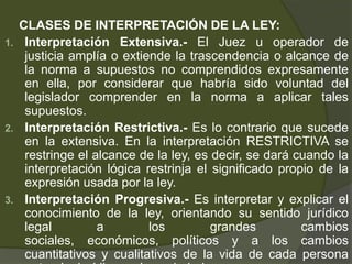 CLASES DE INTERPRETACIÓN DE LA LEY:
1. Interpretación Extensiva.- El Juez u operador de
justicia amplía o extiende la trascendencia o alcance de
la norma a supuestos no comprendidos expresamente
en ella, por considerar que habría sido voluntad del
legislador comprender en la norma a aplicar tales
supuestos.
2. Interpretación Restrictiva.- Es lo contrario que sucede
en la extensiva. En la interpretación RESTRICTIVA se
restringe el alcance de la ley, es decir, se dará cuando la
interpretación lógica restrinja el significado propio de la
expresión usada por la ley.
3. Interpretación Progresiva.- Es interpretar y explicar el
conocimiento de la ley, orientando su sentido jurídico
legal a los grandes cambios
sociales, económicos, políticos y a los cambios
cuantitativos y cualitativos de la vida de cada persona
 