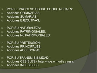 5. POR EL PROCESO SOBRE EL QUE RECAEN:
a. Acciones ORDINARIAS.
b. Acciones SUMARIAS.
c. Acciones EJECUTIVAS.
6. POR SU NATURALEZA:
a. Acciones PATRIMONIALES.
b. Acciones No PATRIMONIALES.
7. POR SU PRETENSIÓN:
a. Acciones PRINCIPALES.
b. Acciones ACCESORIAS.
8. POR SU TRANSMISIBILIDAD:
a. Acciones CESIBLES.- Inter vivos o mortis causa.
b. Acciones INCESIBLES.
 