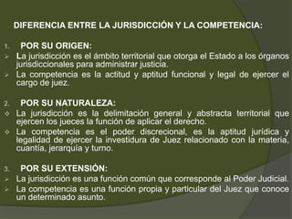DIFERENCIA ENTRE LA JURISDICCIÓN Y LA COMPETENCIA:
1. POR SU ORIGEN:
 La jurisdicción es el ámbito territorial que otorga el Estado a los órganos
jurisdiccionales para administrar justicia.
 La competencia es la actitud y aptitud funcional y legal de ejercer el
cargo de juez.
2. POR SU NATURALEZA:
 La jurisdicción es la delimitación general y abstracta territorial que
ejercen los jueces la función de aplicar el derecho.
 La competencia es el poder discrecional, es la aptitud jurídica y
legalidad de ejercer la investidura de Juez relacionado con la materia,
cuantía, jerarquía y turno.
3. POR SU EXTENSIÓN:
 La jurisdicción es una función común que corresponde al Poder Judicial.
 La competencia es una función propia y particular del Juez que conoce
un determinado asunto.
 