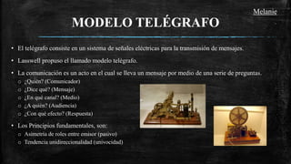 MODELO TELÉGRAFO
• El telégrafo consiste en un sistema de señales eléctricas para la transmisión de mensajes.
• Lasswell propuso el llamado modelo telégrafo.
• La comunicación es un acto en el cual se lleva un mensaje por medio de una serie de preguntas.
o ¿Quién? (Comunicador)
o ¿Dice qué? (Mensaje)
o ¿En qué canal? (Medio)
o ¿A quién? (Audiencia)
o ¿Con qué efecto? (Respuesta)
• Los Principios fundamentales, son:
o Asimetría de roles entre emisor (pasivo)
o Tendencia unidireccionalidad (univocidad)
Melanie
 