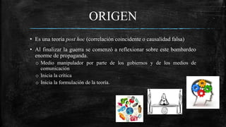 ORIGEN
• Es una teoría post hoc (correlación coincidente o causalidad falsa)
• Al finalizar la guerra se comenzó a reflexionar sobre este bombardeo
enorme de propaganda.
o Medio manipulador por parte de los gobiernos y de los medios de
comunicación
o Inicia la crítica
o Inicia la formulación de la teoría.
 